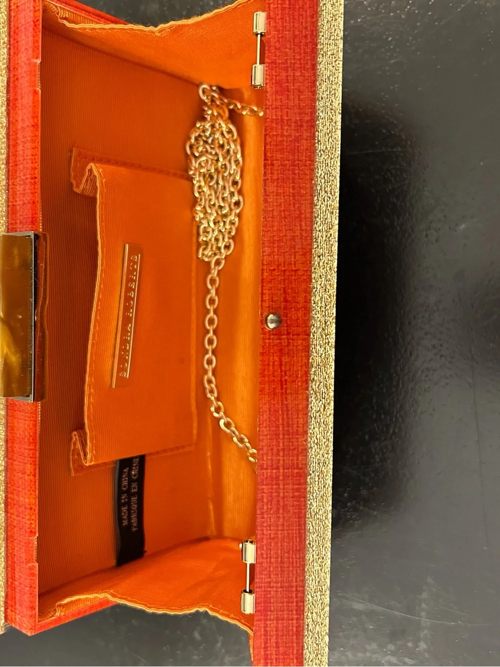 Sondra Roberts Red/Orange Evening Box Clutch with Gold Trim
